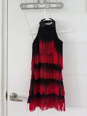 Weissman Fringe Dance Costume‎ Kids LC Red Black Sequin Jazz Tap Leotard